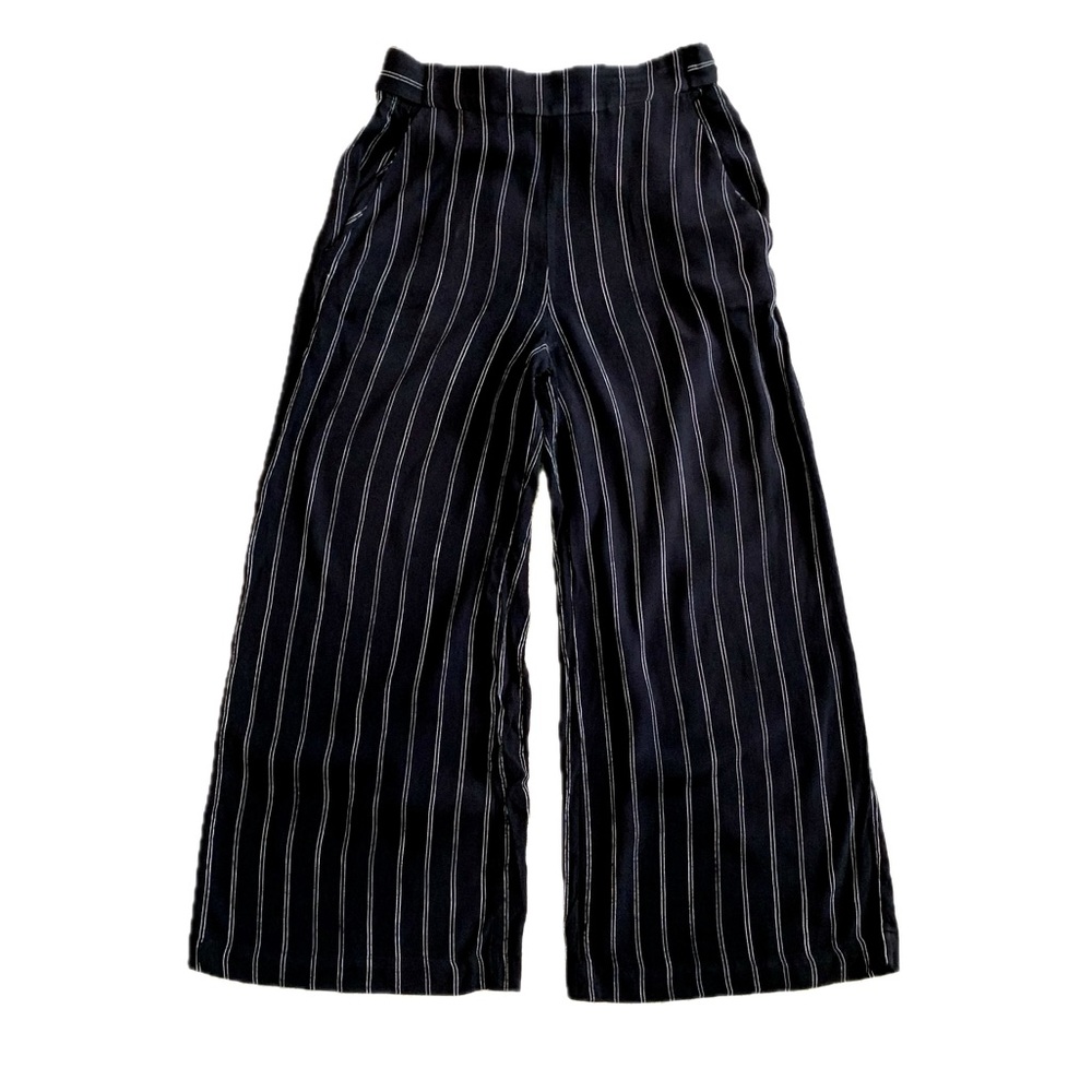 Aritzia Wilfred Black Pinstripe Wide Leg Cropped Trousers Size M Belted Pants - Picture 2 of 13